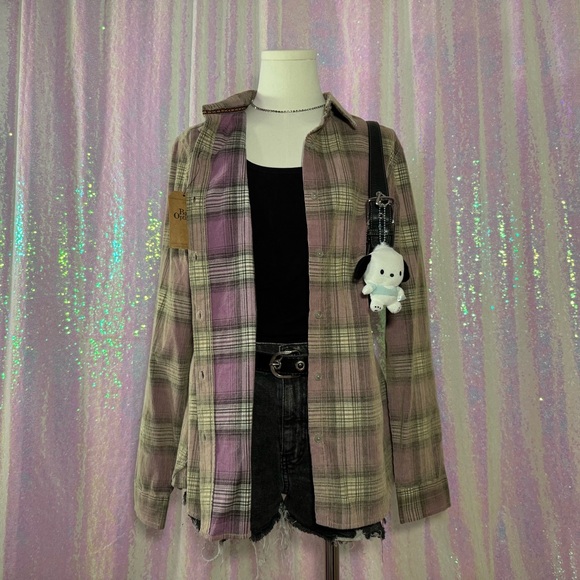 pink and gray plaid corduroy button-down flannel - Picture 1 of 10